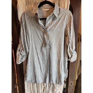 Max Studio Lined Black & White Striped Collared Popover Shirt Size M